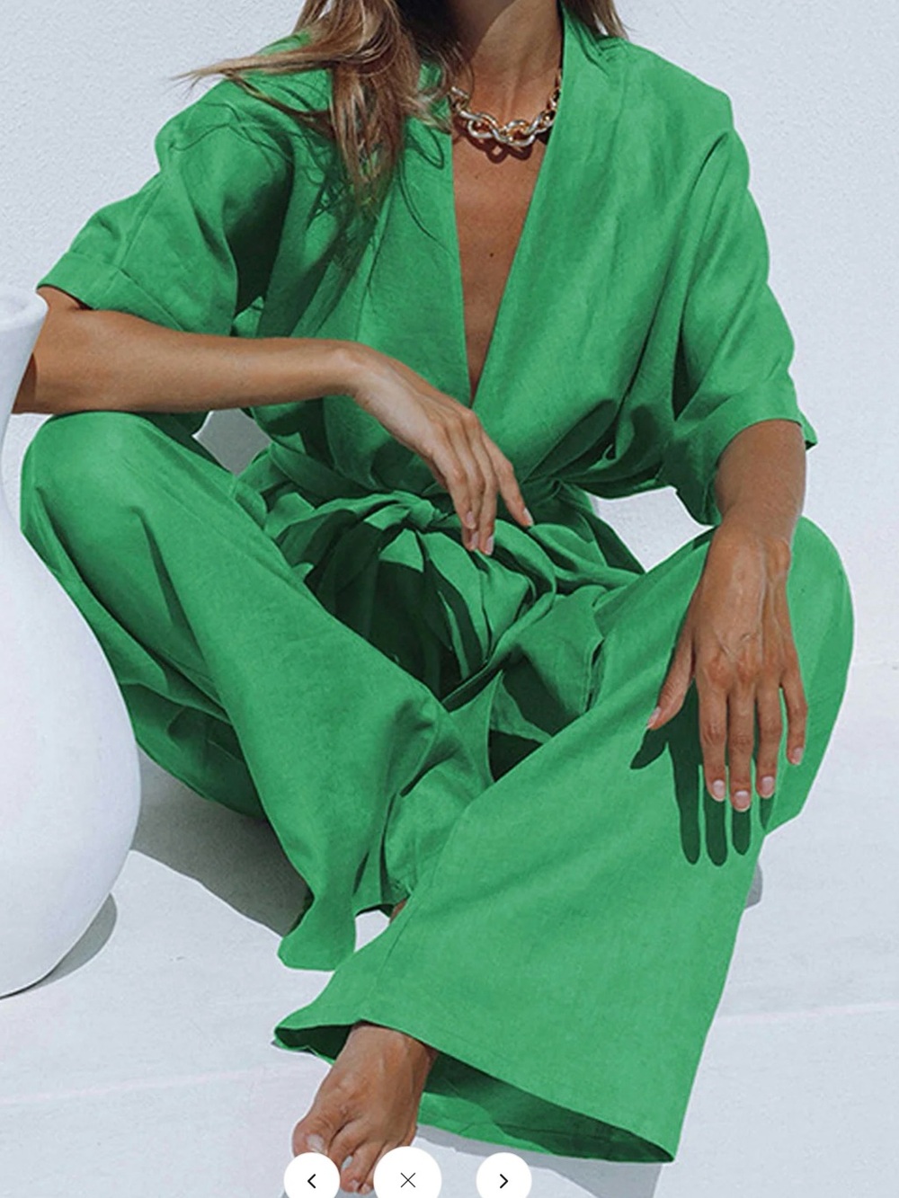 Commense Oversized Linen Tied Two Piece Pants Set Green - Large